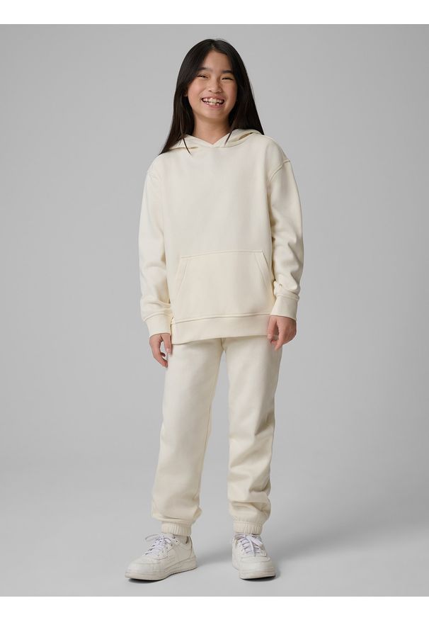 4f - 4F Bluza dresowa loose z kapturem dziewczęca - biała 146/152 (10-12 lat). Okazja: na co dzień, na uczelnię. Typ kołnierza: kaptur. Kolor: beżowy. Materiał: dresówka. Sezon: lato. Styl: casual