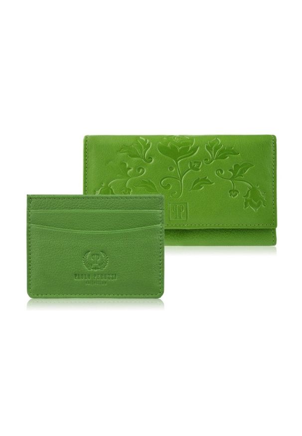 PAOLO PERUZZI - Zestaw prezentowy dla niej portfel damski w kwiaty T-45 i skórzane etui na karty T-151 Paolo Peruzzi ZUP-144-GR. Kolor: zielony. Materiał: skóra. Wzór: kwiaty