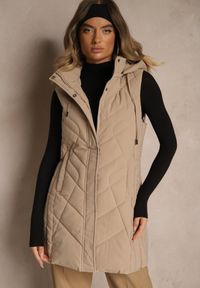 Renee - Ciemnobeżowa Pikowana Kamizelka o Taliowanym Kroju z Kapturem Tulonea. Okazja: na co dzień. Typ kołnierza: kaptur. Kolor: beżowy. Materiał: jeans. Styl: casual #5