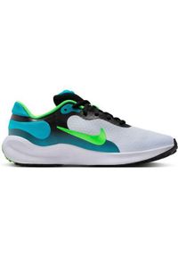 Buty do biegania dla dzieci Nike Revolution 7. Zapięcie: sznurówki. Kolor: wielokolorowy, czarny, zielony. Materiał: materiał, syntetyk, tkanina. Szerokość cholewki: normalna. Model: Nike Revolution