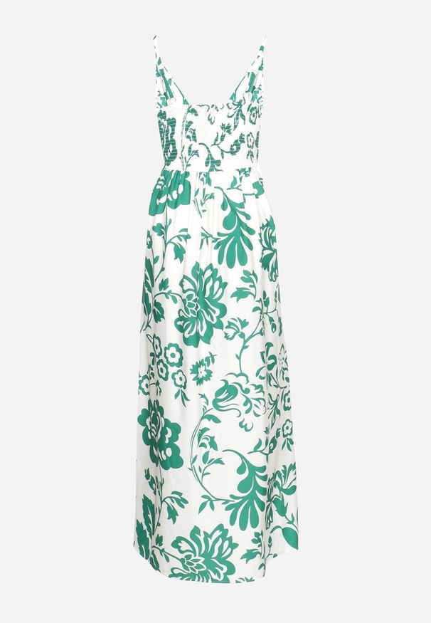 Born2be - Zielono-Biała Sukienka na Regulowanych Ramiączkach z Gumkami na Plecach Ściągana Troczkiem Harnela. Okazja: na co dzień. Kolor: zielony. Długość rękawa: na ramiączkach. Typ sukienki: proste. Styl: casual, elegancki, klasyczny