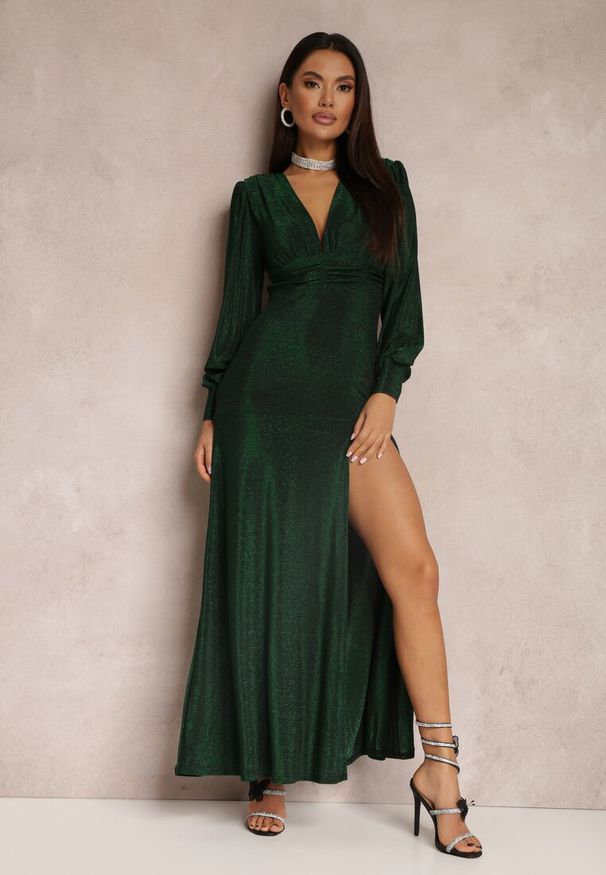 Renee - Zielona Sukienka Wieczorowa z Głębokim Dekoltem Phaly. Kolor: zielony. Długość rękawa: długi rękaw. Styl: wizytowy. Długość: maxi