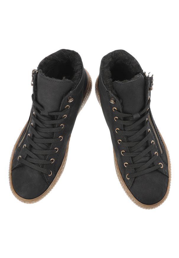 Botki damskie Rieker, futerko wewnątrz i płaska podeszwa z tworzywa, czarne, Z6610-00. Okazja: na co dzień. Zapięcie: sznurówki. Kolor: czarny. Materiał: futro. Szerokość cholewki: normalna. Obcas: na płaskiej podeszwie. Styl: casual