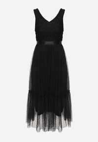 Renee - Czarna Taliowana Sukienka Midi z Ozdobną Siateczką Celerise. Kolor: czarny. Długość: midi #5