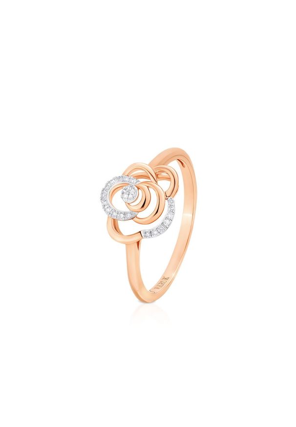 W.KRUK Piękny Złoty Pierścionek - złoto 585, Diament 0,05ct - ZUF/PB+07BK. Materiał: złote. Kolor: złoty. Wzór: ażurowy, aplikacja, kwiaty. Kamień szlachetny: diament