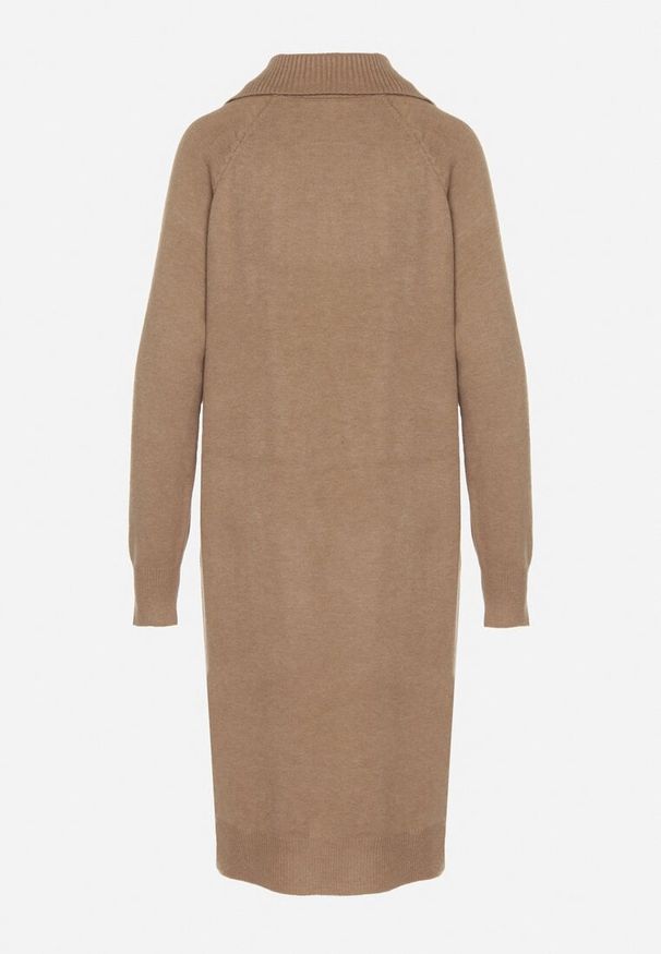 Born2be - Beżowa Sweterkowa Sukienka Pudełkowa z Bawełną i Wełną Ozdobiona Suwakiem Reimia. Okazja: na co dzień. Kolor: beżowy. Materiał: wełna, bawełna. Wzór: aplikacja. Styl: klasyczny, casual