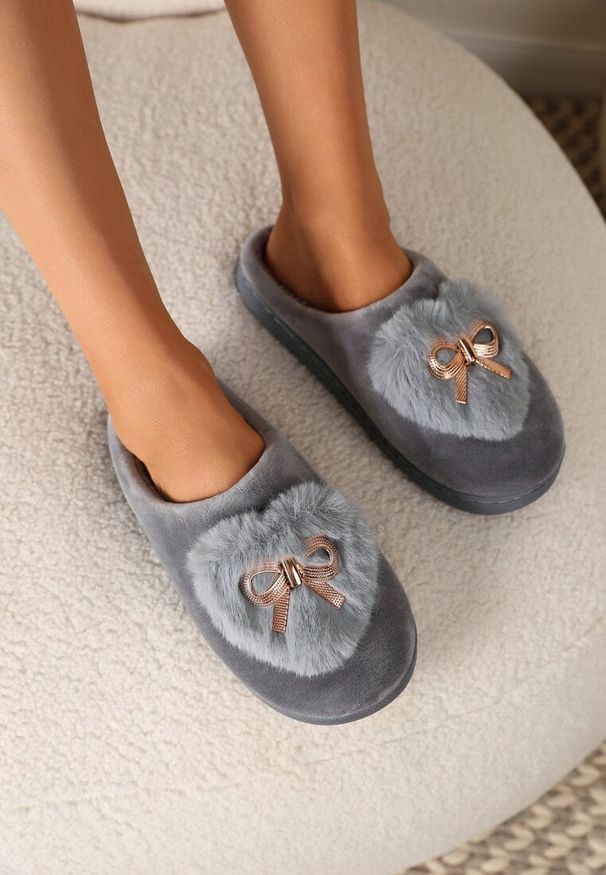 Renee - Szare Kapcie na Płaskiej Podeszwie z Kokardą Lerilina. Okazja: na co dzień, do domu. Kolor: szary. Obcas: na płaskiej podeszwie. Styl: casual, elegancki