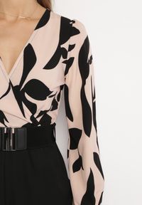 Born2be - Czarno-Różowy Elegancki Kombinezon ze Wzorzystą Górą Szerokimi Nogawkami i Paskiem Grepia. Okazja: na co dzień. Kolor: czarny. Styl: elegancki #7