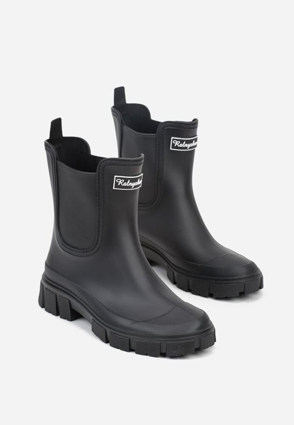 Renee - Czarne Kalosze z Elastycznymi Panelami i Detalem z Napisem Delaena. Kolor: czarny. Materiał: jeans. Wzór: napisy