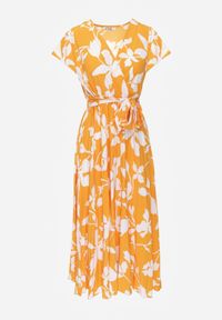 Renee - Pomarańczowa Sukienka z Kopertowym Dekoltem Plisowanym Dołem Wykończona w Talii Paskiem i Gumką Elsavia. Okazja: na imprezę, na co dzień. Kolor: pomarańczowy. Materiał: len. Długość rękawa: krótki rękaw. Sezon: lato. Typ sukienki: kopertowe. Styl: wizytowy, casual, elegancki #3