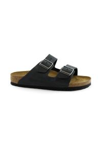 Klapki męskie Birkenstock 552113. Zapięcie: bez zapięcia. Kolor: czarny. Materiał: skóra, materiał, syntetyk. Szerokość cholewki: normalna. Sport: turystyka piesza