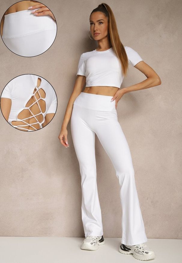 Renee - Biały Komplet Sportowy Spodnie i Koszulka Ozdobiona Sznurowaniem Lumileine. Kolor: biały. Wzór: aplikacja