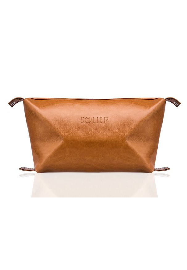 Solier - Elegancka skórzana kosmetyczka męska SOLIER j.brązowa. Kolor: brązowy. Materiał: skóra. Wzór: gładki
