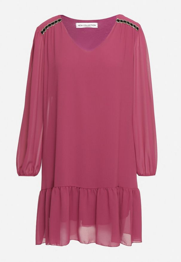 Born2be - Fioletowa Sukienka z Wiskozą o Prostym Kroju z Bufiastymi Rękawami i Falbanką u Dołu Ilila. Okazja: na co dzień. Typ kołnierza: dekolt w serek. Kolor: fioletowy. Materiał: wiskoza. Typ sukienki: proste. Styl: casual, elegancki, klasyczny, wizytowy