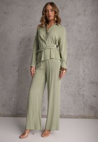 Renee - Zielony Komplet z Wiskozy Spodnie Szerokie i Koszula z Ozdobnym Materiałem Airial. Kolor: zielony. Materiał: wiskoza, materiał #1