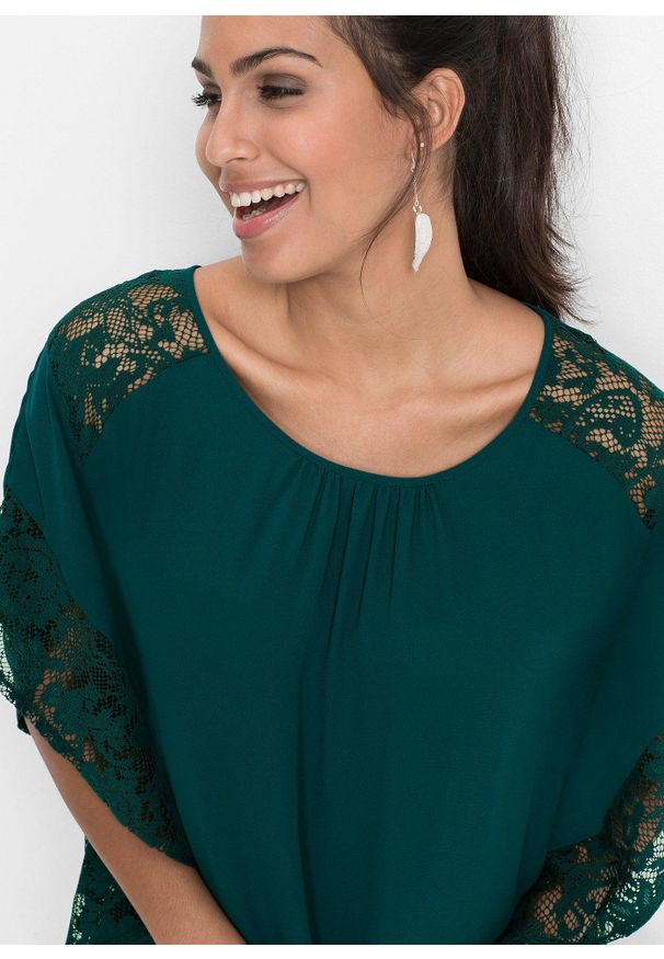 bonprix - Bluzka z aplikacjami. Kolor: zielony. Materiał: koronka, poliester. Wzór: aplikacja