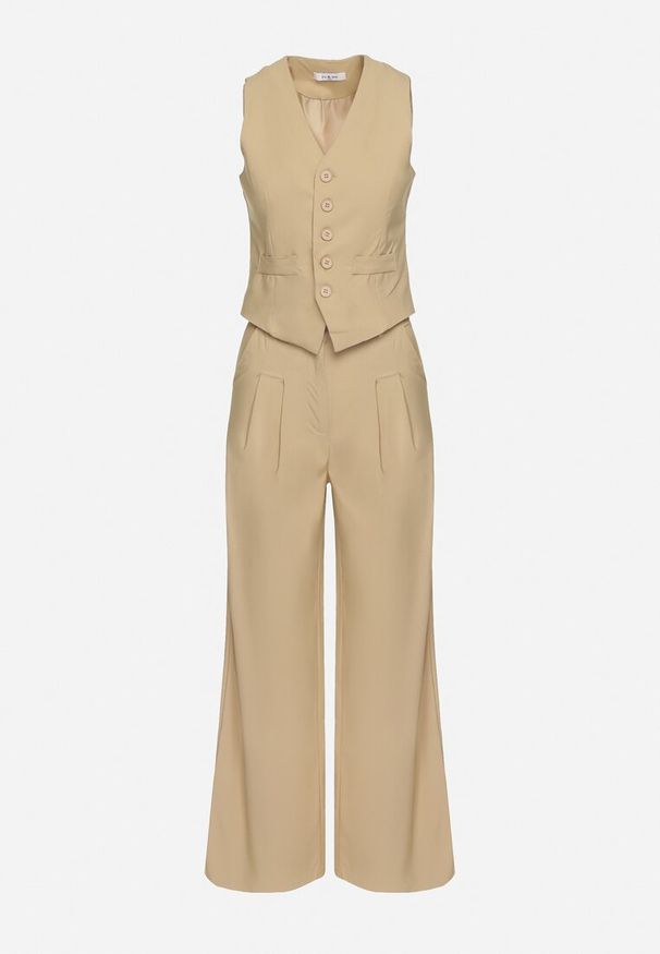 Born2be - Ciemnobeżowy Komplet w Garniturowym Stylu Kamizelka i Szerokie Spodnie Miradella. Kolor: beżowy