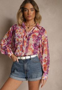 Renee - Fioletowa Koszula z Szerokimi Rękawami z Przezroczystej Tkaniny Barias. Kolor: fioletowy. Materiał: tkanina. Styl: klasyczny