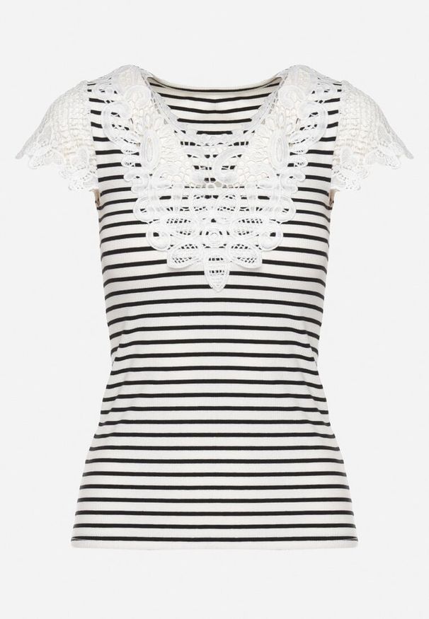 Born2be - Biały Bawełniany T-shirt Koszulka z Krótkim Rękawem z Ozdobną Koronką przy Dekolcie Carines. Okazja: na co dzień. Kolor: biały. Materiał: bawełna, koronka. Długość rękawa: krótki rękaw. Długość: krótkie. Wzór: koronka. Styl: elegancki, casual