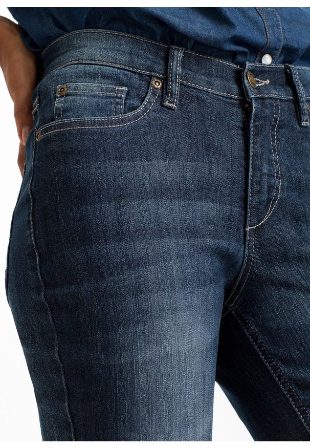 bonprix - Wygodne dżinsy ze stretchem o kroju bootcut, high waist. Okazja: na co dzień. Stan: podwyższony. Kolor: niebieski. Wzór: aplikacja. Styl: casual