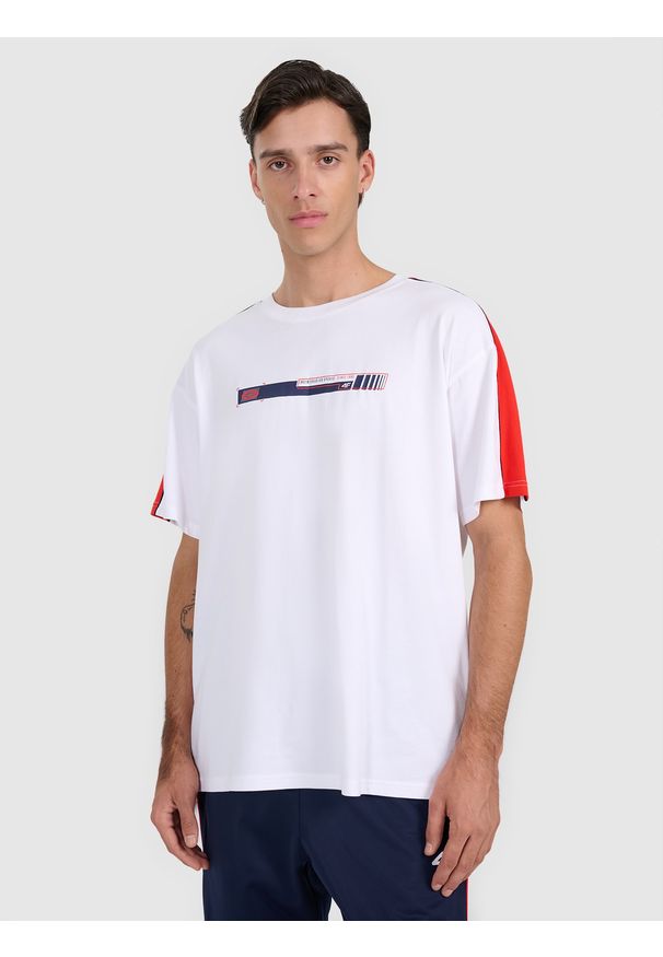 4f - 4F T-shirt oversize z nadrukiem męski - biały L. Okazja: na co dzień. Kolor: biały. Materiał: materiał, bawełna. Wzór: nadruk. Styl: casual