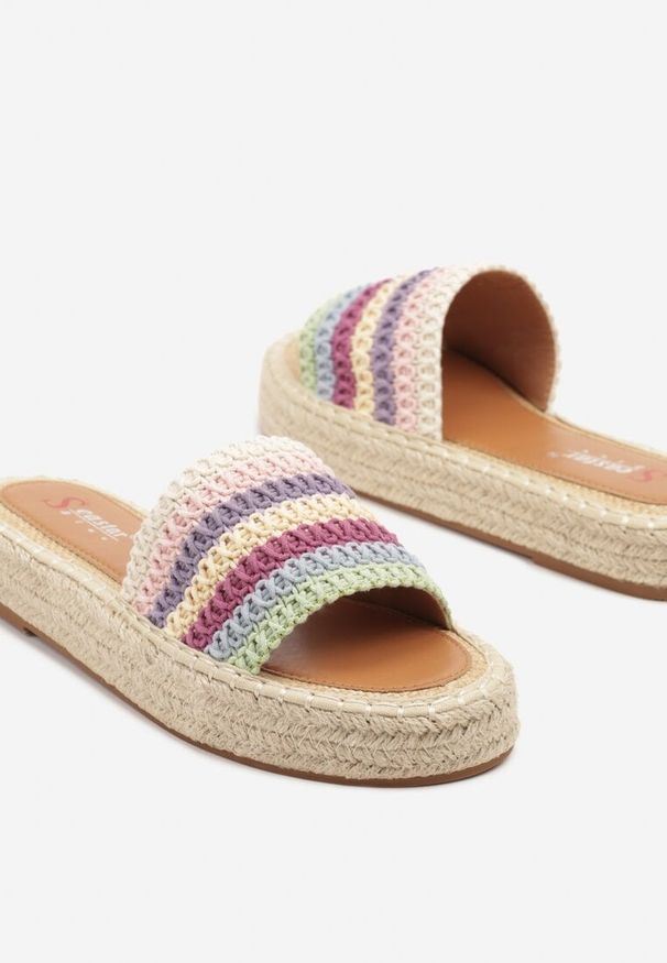 Born2be - Beżowo-Fioletowe Klapki na Grubej Podeszwie z Plecionką i Szydełkową Cholewką Nurira. Okazja: na co dzień. Kolor: beżowy. Materiał: jeans. Styl: casual