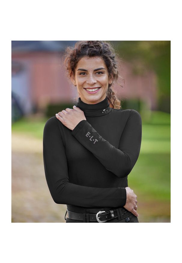 Koszulka jeździecka z kołnierzem typu golf. ELT Madison. Typ kołnierza: golf. Kolor: czarny. Długość rękawa: długi rękaw