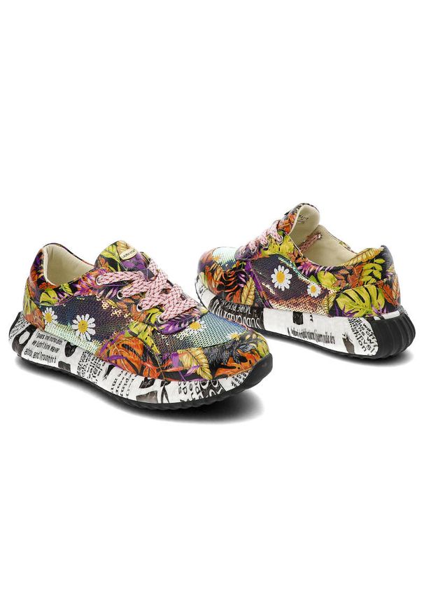 Pomarańczowe Sneakersy Laura Vita Stylowe Obuwie Damskie. Kolor: pomarańczowy. Materiał: materiał, skóra. Szerokość cholewki: normalna. Wzór: nadruk, kolorowy. Sezon: wiosna. Styl: elegancki