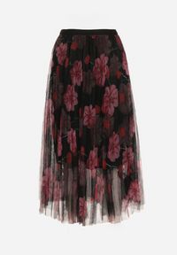 Born2be - Czarno-Różowa Spódnica Plisowana z Gumką w Talii w Kwiaty Drosa. Kolor: czarny. Materiał: tkanina. Wzór: kwiaty #6