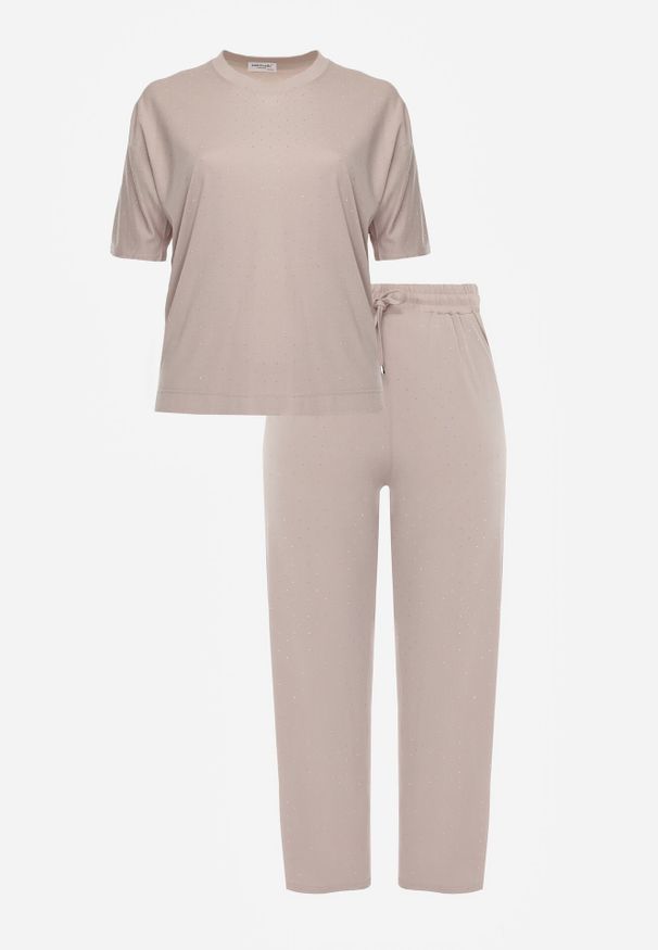 Born2be - Beżowy Komplet Bawełniany o Fasonie Oversize T-shirt i Spodnie Azilane. Kolor: beżowy. Materiał: bawełna