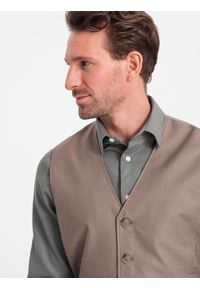 Ombre Clothing - Kamizelka męska garniturowa bez klap - beżowa V2. Kolor: beżowy. Materiał: tkanina, poliester. Wzór: gładki, jednolity. Styl: elegancki #6