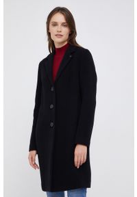 Calvin Klein Płaszcz wełniany kolor czarny przejściowy. Okazja: na co dzień. Kolor: czarny. Materiał: wełna, materiał. Wzór: gładki. Styl: casual, klasyczny #1