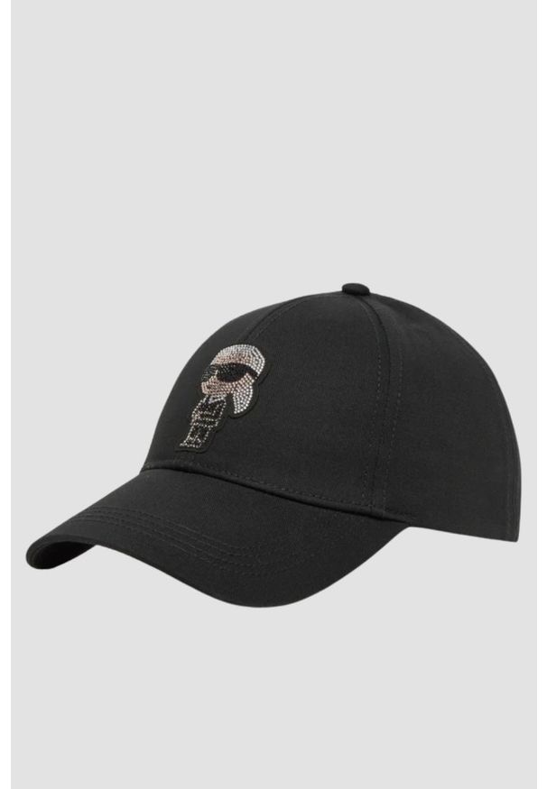 Karl Lagerfeld - KARL LAGERFELD Czapka z daszkiem damska z cyrkonami Ikon. Kolor: czarny. Materiał: materiał. Wzór: aplikacja. Styl: klasyczny, elegancki