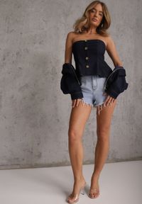 Renee - Niebieskie Jeansowe Szorty z Bawełną High Waist z Postrzępionymi Nogawkami Calamailt. Okazja: na co dzień. Stan: podwyższony. Kolor: niebieski. Materiał: bawełna, jeans. Styl: casual #8