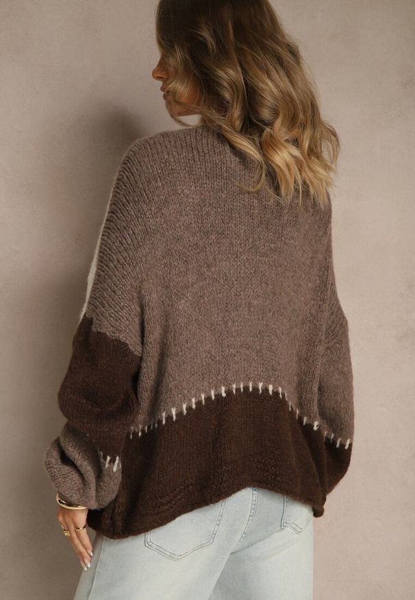 Renee - Beżowy Kardigan z Domieszką Wełny i Wiskozy w Patchworkowym Stylu Fesolinne. Okazja: na spacer. Kolor: beżowy. Materiał: wełna, wiskoza