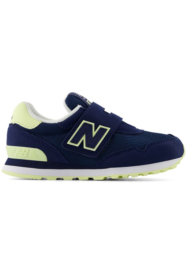 Buty dziecięce New Balance PV515KF – granatowe. Okazja: na uczelnię. Kolor: niebieski. Materiał: materiał, syntetyk, guma. Szerokość cholewki: normalna