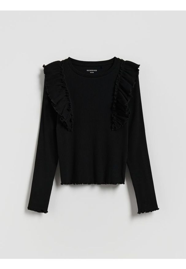 Reserved - Prążkowana bluzka z falbanką - czarny. Kolor: czarny. Materiał: prążkowany