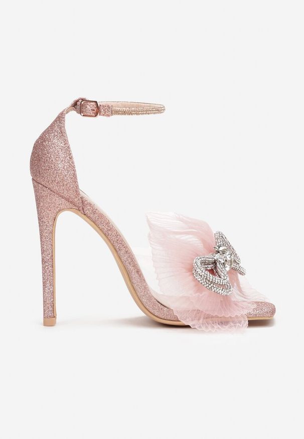 Born2be - Szampańskie Sandały Naeseia. Nosek buta: otwarty. Zapięcie: pasek. Kolor: złoty. Materiał: tiul. Wzór: aplikacja