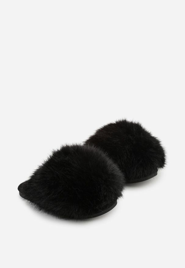 Born2be - Czarne Futrzane Kapcie z Długim Włosiem Anindria. Okazja: do domu, na co dzień. Kolor: czarny. Materiał: futro. Styl: glamour, casual