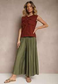 Renee - Ciemnozielone Spodnie o Szerokim Kroju Kuloty High Waist o Długości 7/8 Ulanova. Okazja: na co dzień. Stan: podwyższony. Kolor: zielony. Długość: długie. Styl: casual, elegancki