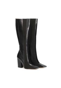 Kazar - Czarne kozaki damskie. Wysokość cholewki: przed kolano. Kolor: czarny. Materiał: skóra, nubuk. Szerokość cholewki: normalna. Wzór: gładki. Obcas: na obcasie. Wysokość obcasa: średni #4