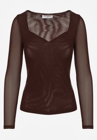 Renee - Ciemnobrązowa Bluzka Longsleeve z Siateczki z Wiskozą z Dekoltem w Serce Elinevia. Kolor: brązowy. Materiał: wiskoza. Długość rękawa: długi rękaw #3