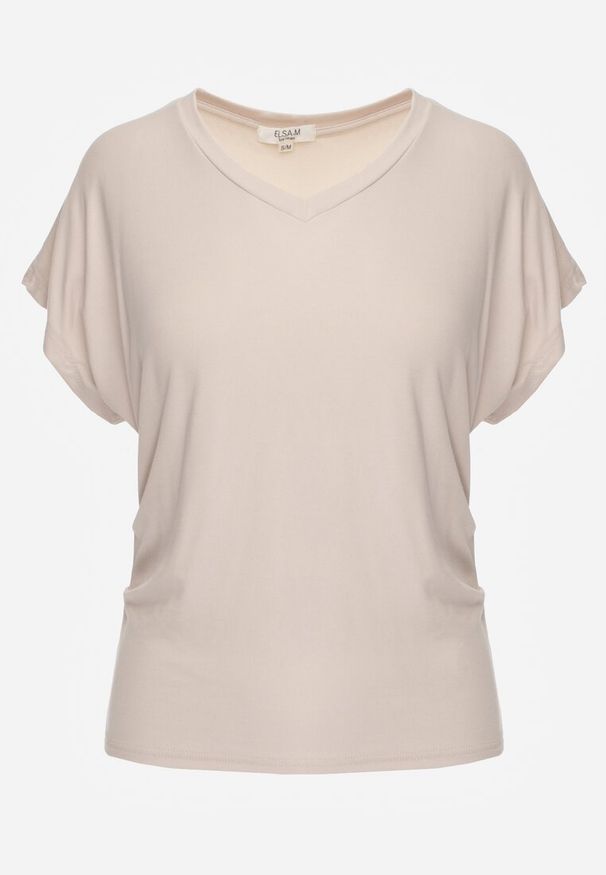 Born2be - Beżowy T-shirt z Wiskozy z Trójkątnym Dekoltem Achiore. Okazja: na co dzień. Kolor: beżowy. Materiał: wiskoza. Styl: casual, klasyczny