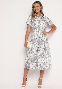 Born2be - Biało-Szara Koktajlowa Sukienka w Kwiaty z Gumką w Talii i Ozdobnym Paskiem Vimaretta. Okazja: na co dzień. Kolor: biały. Materiał: tkanina, jeans. Wzór: kwiaty. Sezon: lato. Styl: wizytowy #5
