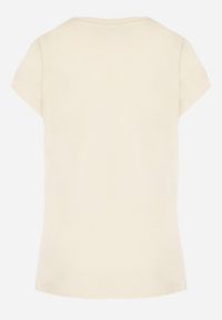 Born2be - Beżowy T-shirt z Bawełny Typu Nietoperz z Cyrkoniami i Perełkami Linellis. Okazja: na co dzień. Kolor: beżowy. Materiał: bawełna. Wzór: aplikacja. Styl: casual #4