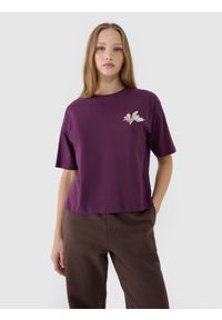 4f - 4F T-shirt oversize z nadrukiem damski - fioletowy XL. Okazja: na co dzień. Kolor: fioletowy. Materiał: dzianina, bawełna, jersey. Długość rękawa: krótki rękaw. Długość: krótkie. Wzór: nadruk. Sezon: lato. Styl: klasyczny, sportowy, casual