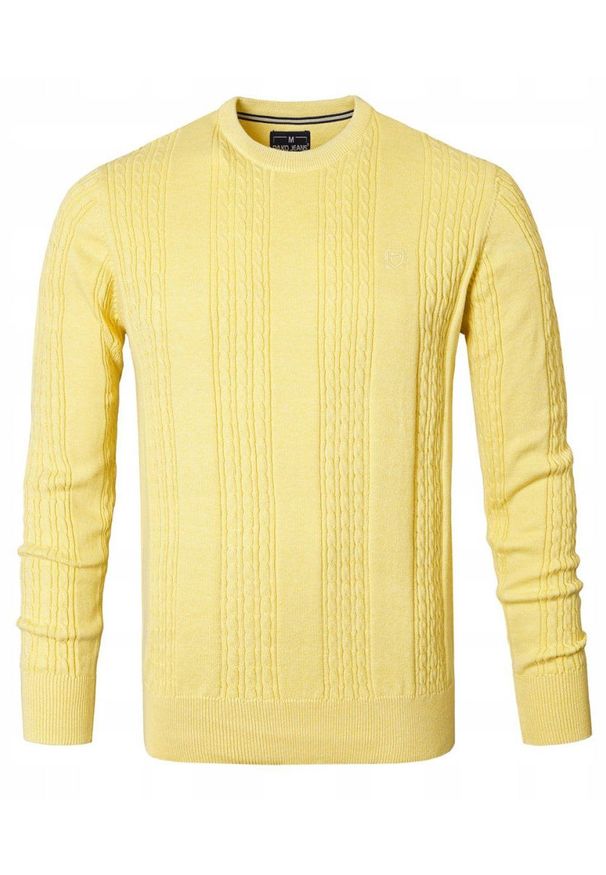 Lekki, Męski Sweter Bawełniany - Pako Jeans - Żółty, Faktura Materiału. Okazja: na spotkanie biznesowe, do pracy. Kolor: żółty, złoty, wielokolorowy. Materiał: bawełna. Styl: biznesowy, klasyczny