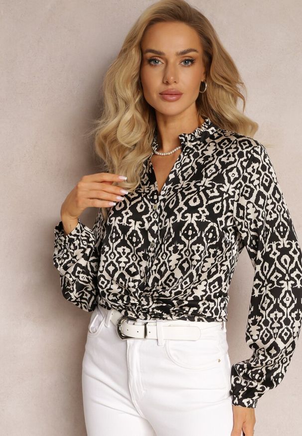 Renee - Czarna Koszula na Guziki w Fantazyjny Print Gavino. Kolor: czarny. Materiał: tkanina. Wzór: nadruk