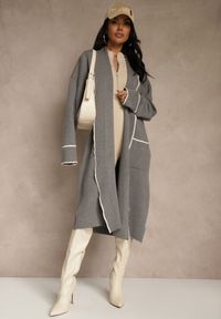 Renee - Szary Niezapinany Kardigan o Długim Kroju z Lamówką Venisse. Okazja: na co dzień. Kolor: szary. Materiał: jeans. Długość: długie. Styl: casual, klasyczny #1