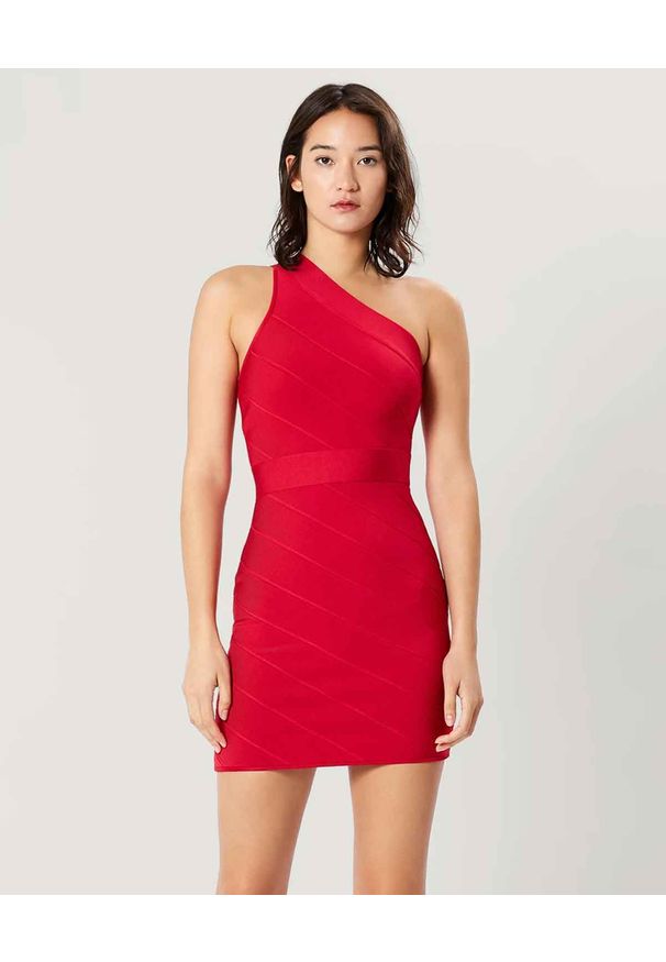 HERVE LEGER - Czerwona sukienka mini. Kolor: czerwony. Materiał: materiał. Typ sukienki: dopasowane. Długość: mini